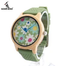BOBO BIRD CaB04 Soft Green Silicone Band Bamboo Wood Watches for Women Flowers Cloth Dial Casual