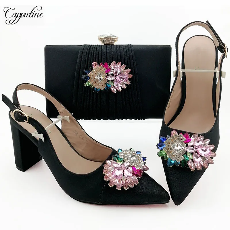 

Amazing pointed toe African high heel sandal shoes and evening handbag set with crystal stones QSL010 heel height 9cm