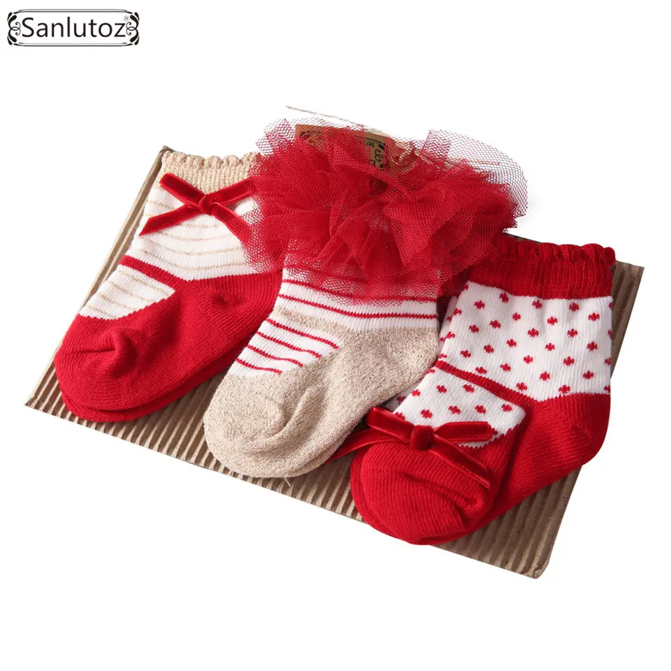 Sanlutoz/носки для новорожденных девочек, носки для малышей, 3 пары, Подарочный комплект для рождества, праздника, дня рождения, 0-12 месяцев, фатиновый бант - Цвет: as the picture