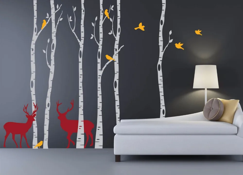 Birch Trees Wall Decal with Deers and Birds Huge Tree ...