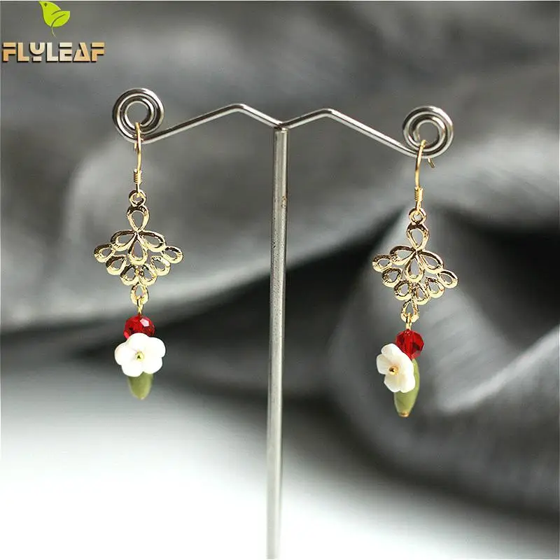 

Flyleaf 925 Sterling Silver Natural Shell Drop Earrings For Women Statement Red Crystal Dangle Long Gold Earings Fashion Jewelry
