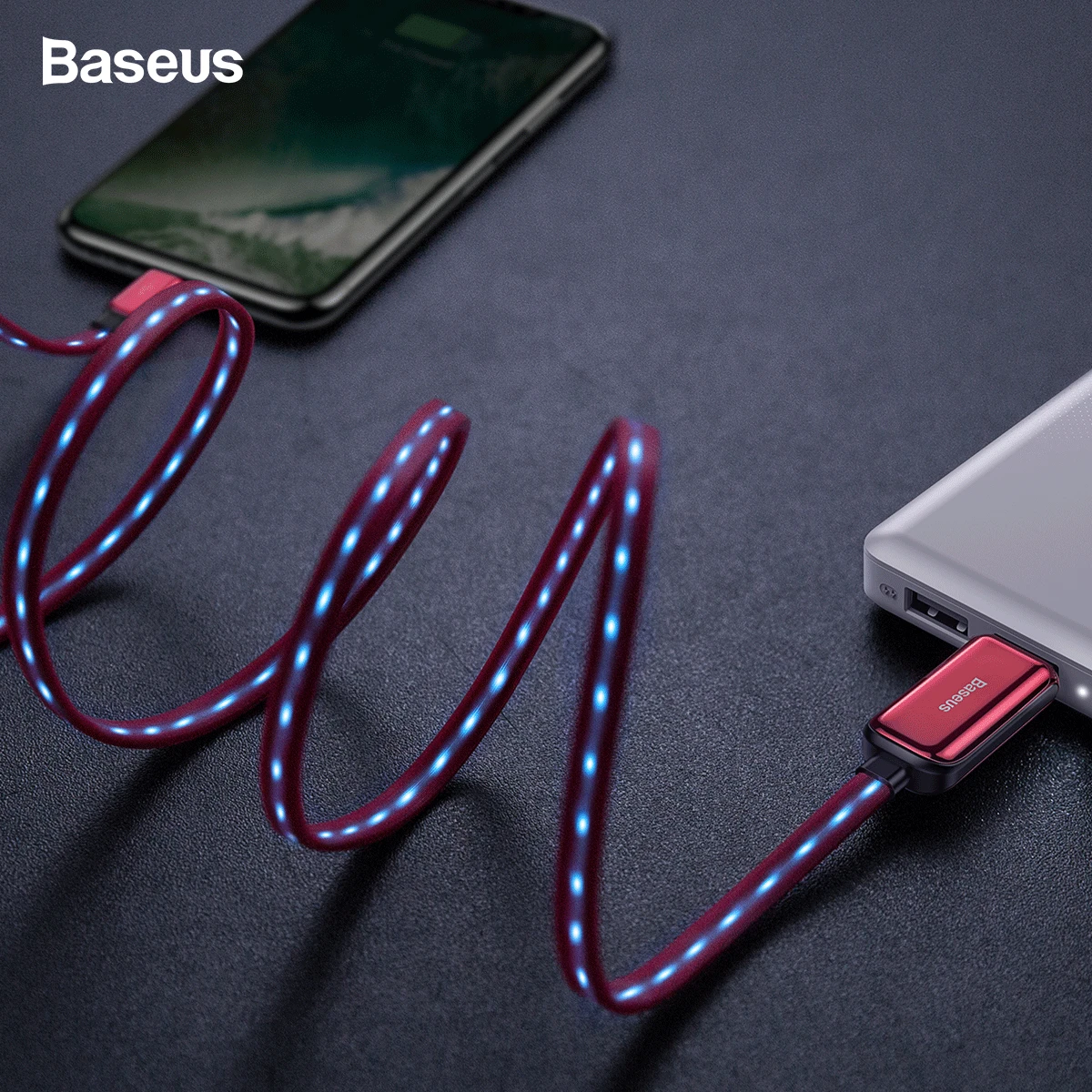 Baseus Flat Flowing LED Glow USB Cable For iPhone X S Max 8 7 6 2.4A Data Sync Cable Fast Charging Charger Wire Cord For iPhone