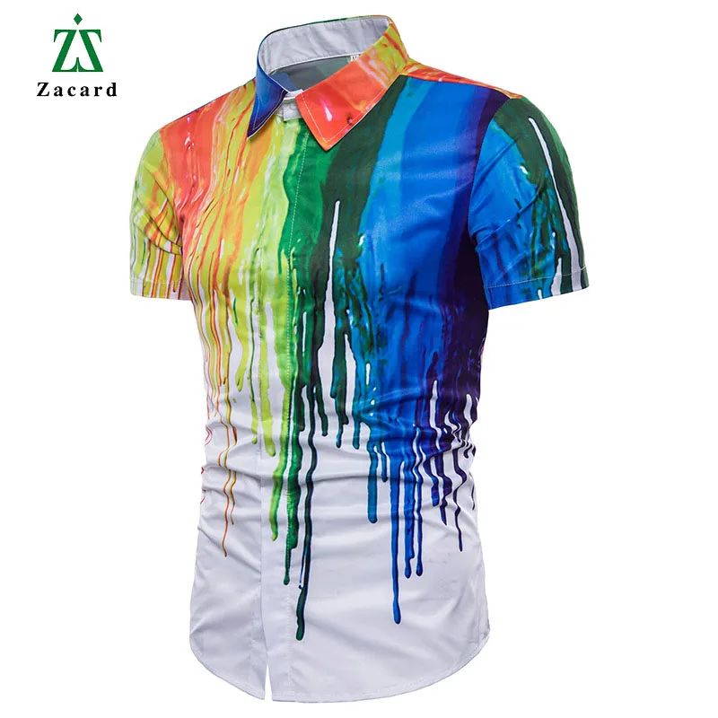 2018 Mens Shirts Plus Size Short Sleeve Turn-Down Collar Men Casual Rainbow Color For Hip Hop Male Shirt | Мужская одежда