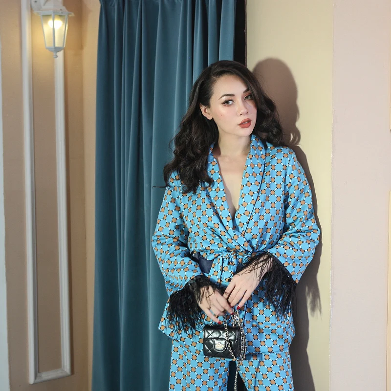 Femmes Manteau Cheveux Floral Ceinture Bleu Blue Type Vintage Autruche Outwear Lâche Manches Rayonne 2018 Élégant Top Foral Imprimé Automne Pyjama xCqCYBX
