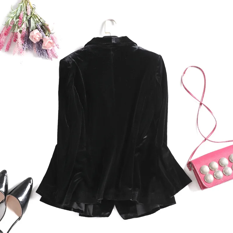 2019 New Gold velvet Black Blazer Women Pearls Brooch Plus Size Women's Jackets Spring autumn Long Sleeve Office Blazer Feminino