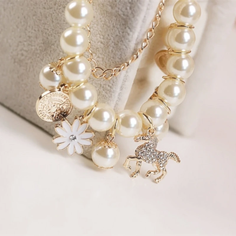 Powerfulline Exquisite Horse Flower Charm Women Bracelet Faux Pearl Party Bangle Gift Fashion Jewelry Sale