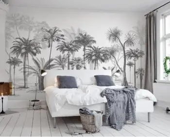

Custom Wallpaper Mural Black and White Sketch Tropical Rainforest Coconut Tree Nordic TV Sofa Background 3d Wallpaper