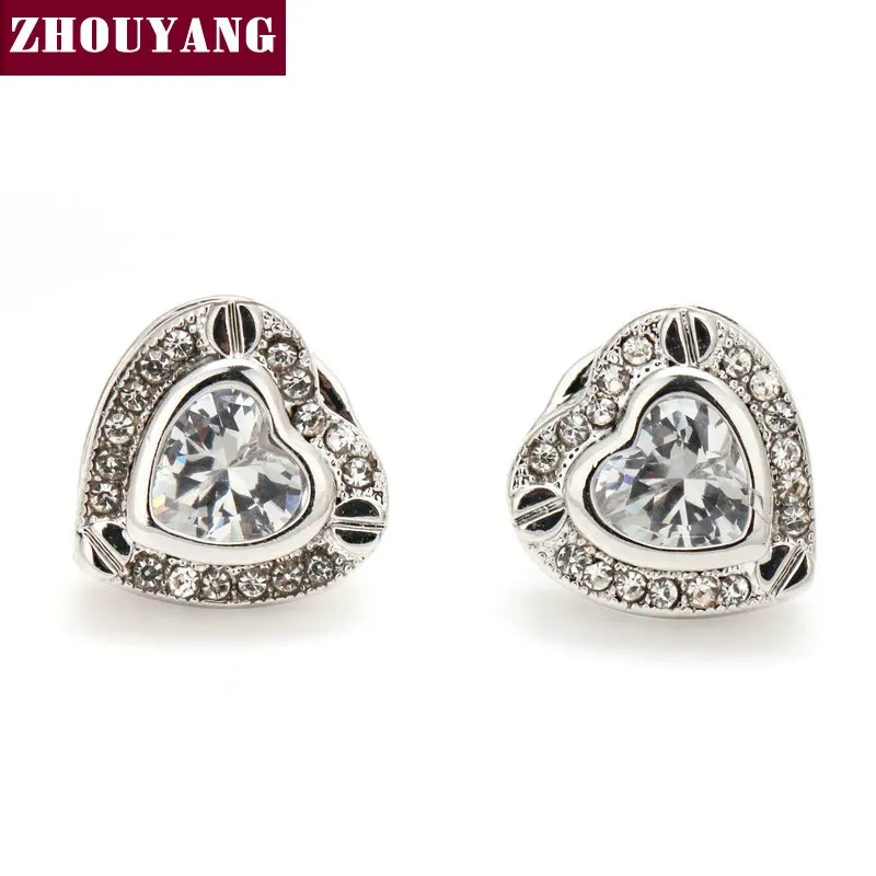 ZHOUYANG Top Quality Three Colour CZ Heart Silver Color Stud Earrings Jewelry Austrian Crystal Wholesale ZYE309