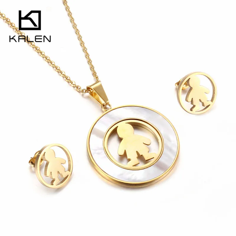 

Kalen Shell & Stainless Steel Peru Lima Gold Cartoon Boy Pendant Necklace & Earrings Set For Women Fashion Jewelry Sets Gifts