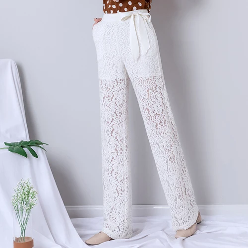 Белые кружевные широкие брюки, женские летние готические элегантные брюки Harajuku с поясом, Корейская уличная одежда с высокой талией, новые женские брюки - Цвет: Белый