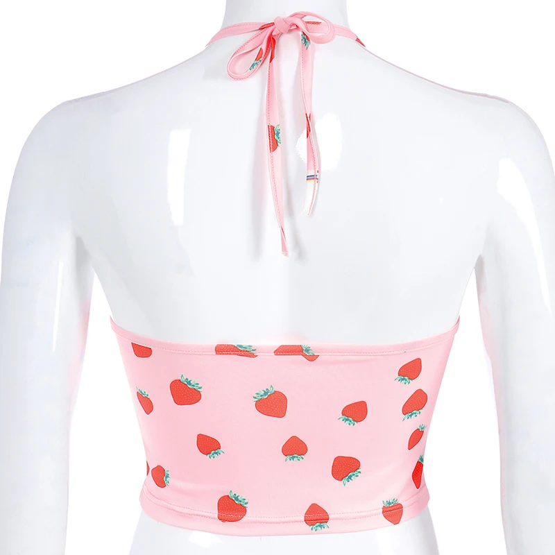 HEYounGIRL сексуальное платье с лямкой на шее с открытой спиной укороченный Топ для женщин Kawaii Harajuku милые топы на бретелях футболки с принтом без рукавов розовый укороченный топ лето