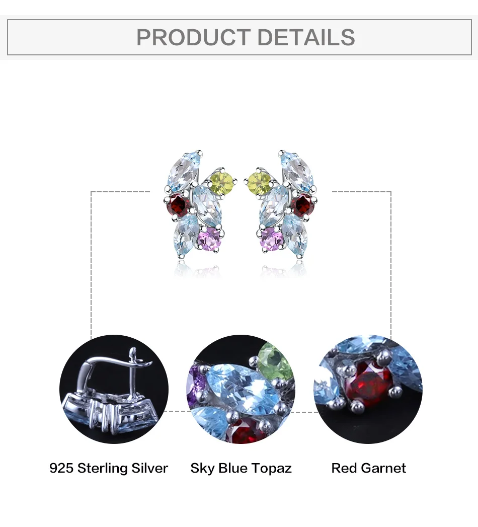 Gem's Ballet 925 Sterling Silver Jewelry Multicolor Natural Sky Blue Topaz Garnet Peridot Amethyst Stud Earrings For Women