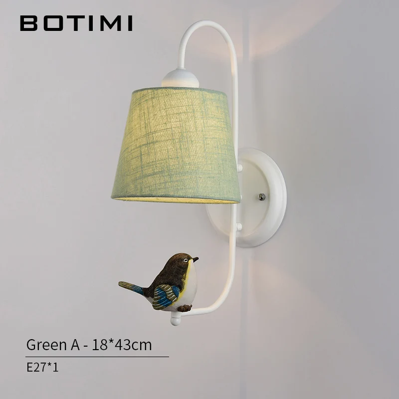 BOTIMI тканевый абажур настенный светильник с птицей современный тканевый абажур настенный прикроватный светильник Железный Настенный бра комнатный светильник s - Цвет абажура: Green Lampshade A