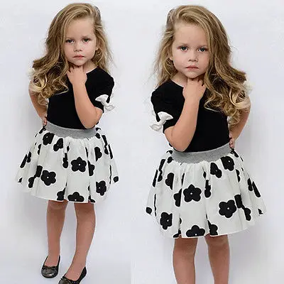 

2019 Toddler Girls Kids Princess Party Clothes black T-shirt tops +white flower printed skirt 2pcs Outfits