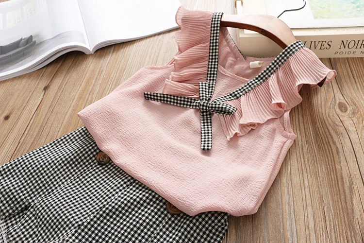 New Girls Clothing Set 2019 Summer Girls Clothes Kids Vest + Plaid Shorts 2PCS Suits For Girls Clothes Outfits 3 4 5 6 7 8 Years (4)