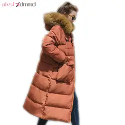 AKSLXDMMD 2019 новые парки Для женщин Модное зимнее пальто Для женщин думаю куртка меховой воротник с капюшоном Длинные куртки и пальто женский