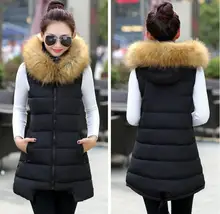 Women Winter Vest Waistcoat 2016 Women Long Vest Sleeveless Jacket Faux Fur Collar Hooded Down Cotton Warm Vest Female Outwear