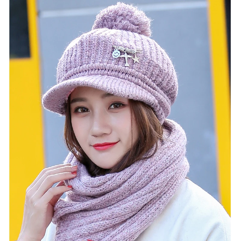 

Kangemo Winter Women Keep Warm Cap Scarf Fashion Outdoor Thermal Female Twinset Thick Wool Knit Cap Scarf Twinset