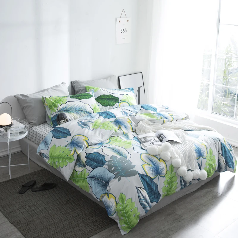 Buy White and green leaf print floral bedding set