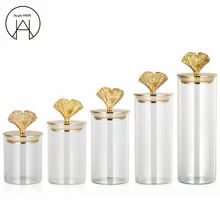 

brass ginkgo leaf Glass Jar Candy jar transparent coffee bean candy cans block sealed jar Tea Storage bottle bonbonniere bocal