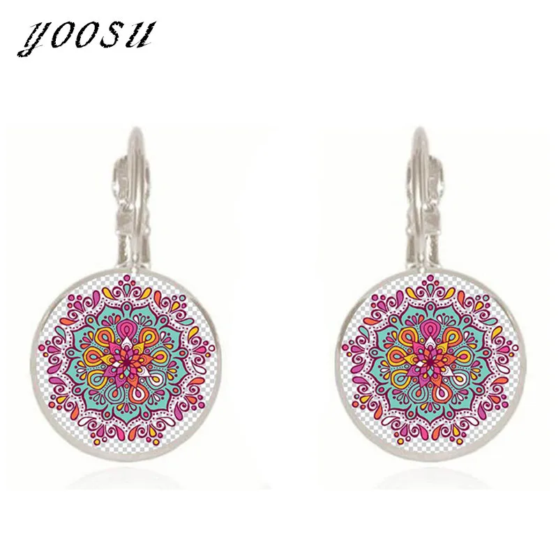 

Hot Sale Glass Cabochon Earrings For Women Mandala Flower Yoga Earrings Women Jewelry From India OM Symbol