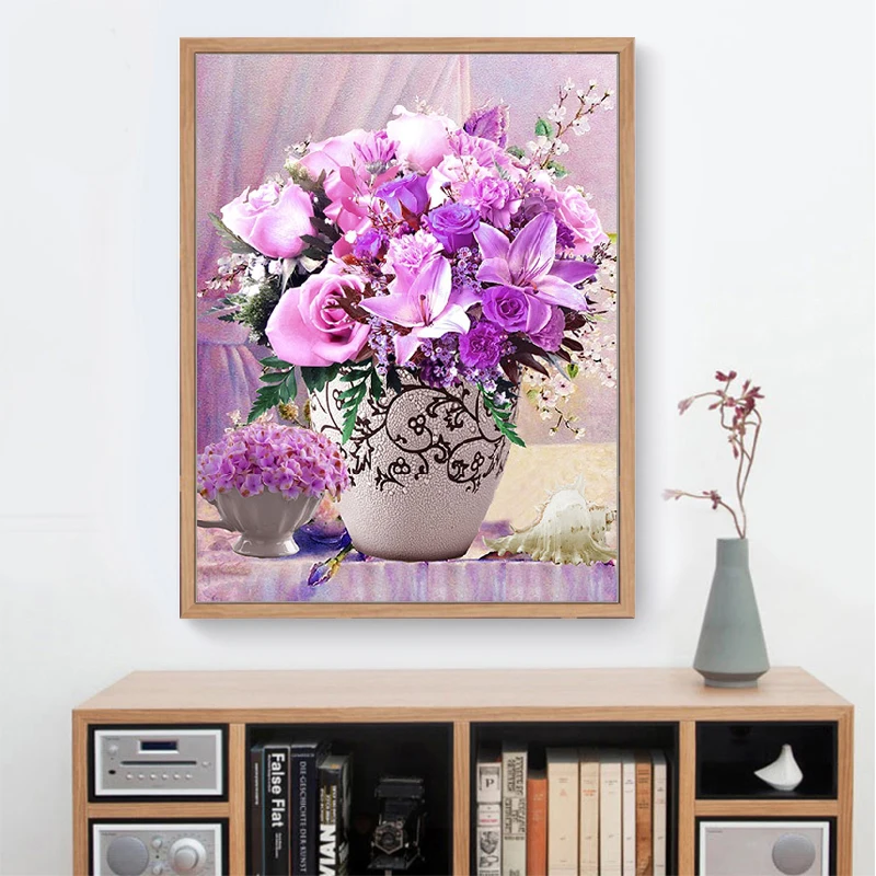 Zozack DMC DIY new living room house precision printing cotton cross stitch Kits embroidered Purple roses Flowers painting decor