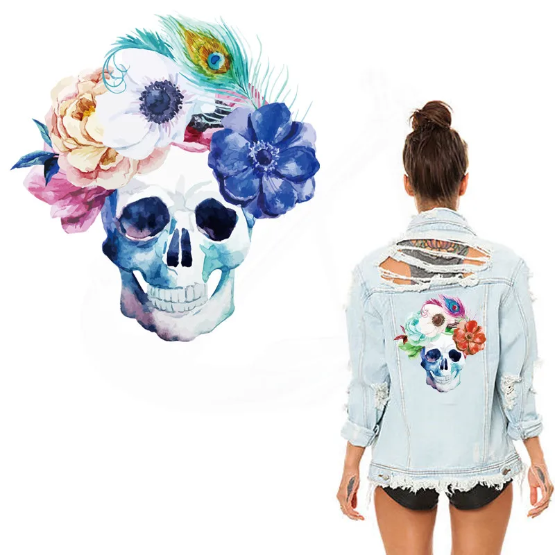 

New design Painted flower skull patch 25*23cm patches for clothing Diy T-shirt Hoodies A-level Thermal transfer sticker