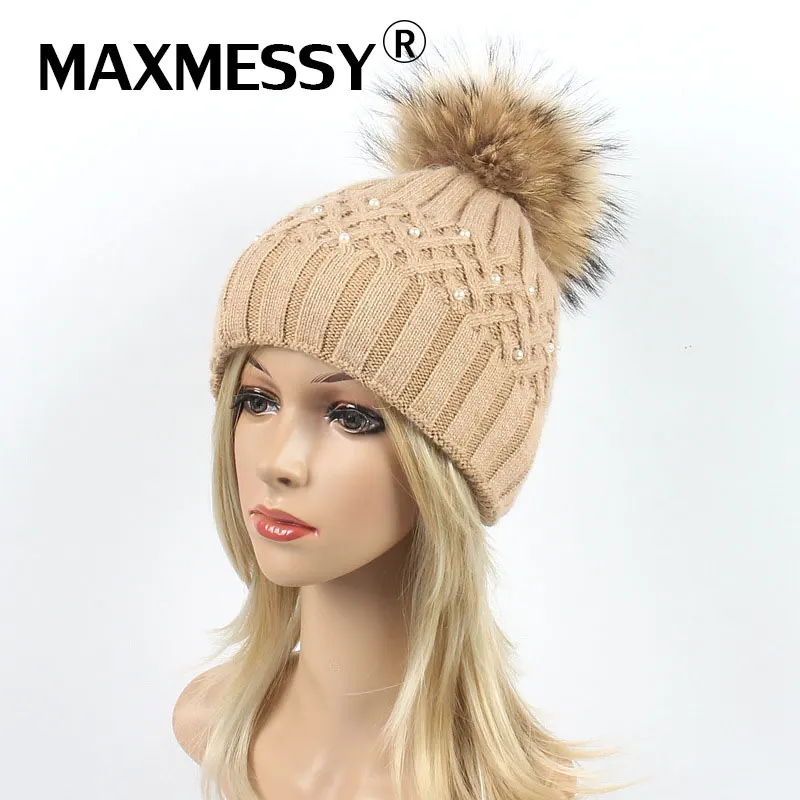 MAXMESSY женские Модные Шапки шерсть кролика вязаная зимняя енота же Цвет помпоном с