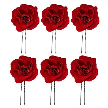 

6pcs Red Rose Flower Hair Sticks Bride Bridesmaid Hair Accessories U-shaped Updo Hair Chopsticks for Wedding Party