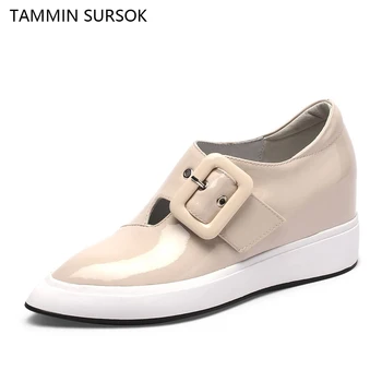 

New Style Genuine Leather Height Increasing Pointed Toe Thick Sole Fashion Patent Leather Casual Wedges Buckle Women Shoes
