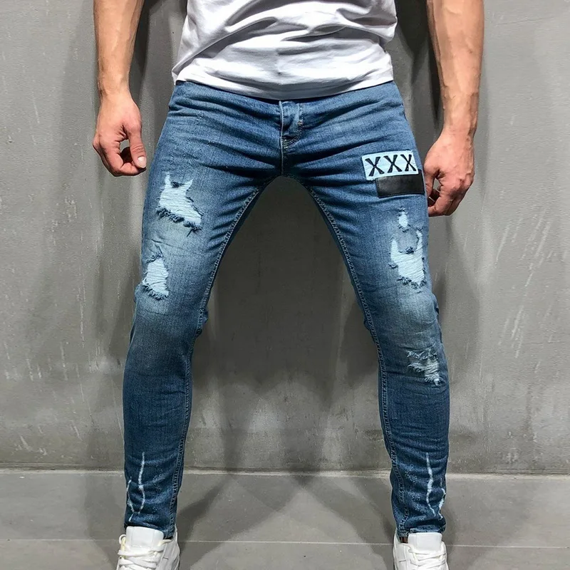 

MoneRffi Men Stretchy Ripped Skinny Biker Embroidery Print Jeans Destroyed Hole Taped Slim Denim Scratched High Quality Jean