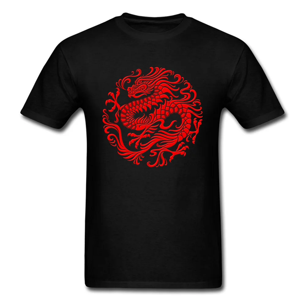 Culture T Shirts Traditional Red Chinese Dragon Circle Funny Men T Shirts Round Collar Short