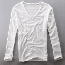 Лидер продаж, простая Стильная мужская рубашка, однотонная, с длинным рукавом, хлопок, тонкая летняя повседневная рубашка для мужчин, пуловер с v-образным вырезом, одежда