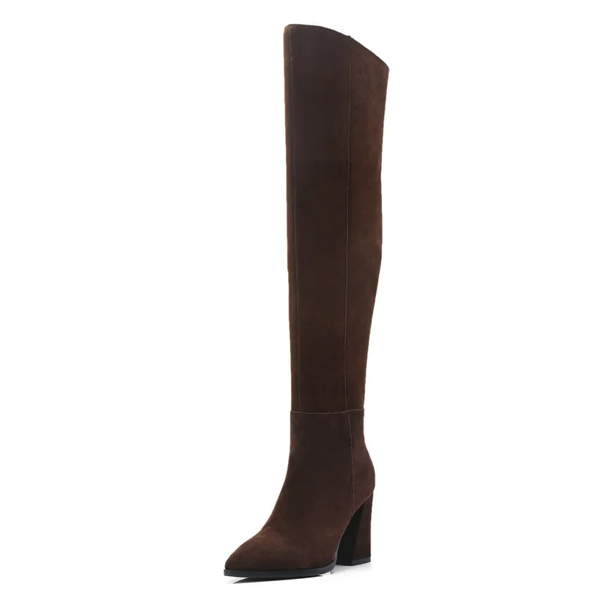 VINLLE Для женщин выше сапоги до колена из коровьей Замши Модные Squarr высокий каблук Для женщин сапоги Зимняя женская обувь размеры 34–40