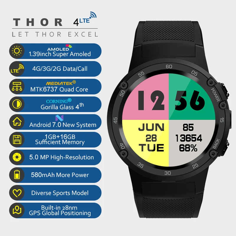 Tanie Zeblaze THOR 4 flagowy 4G LTE GPS SmartWatch Android 7.0 MTK6737 czterordzeniowy 1GB + 16GB 5.0MP 580mAh 4G 3G 2G Data Call Watch Men