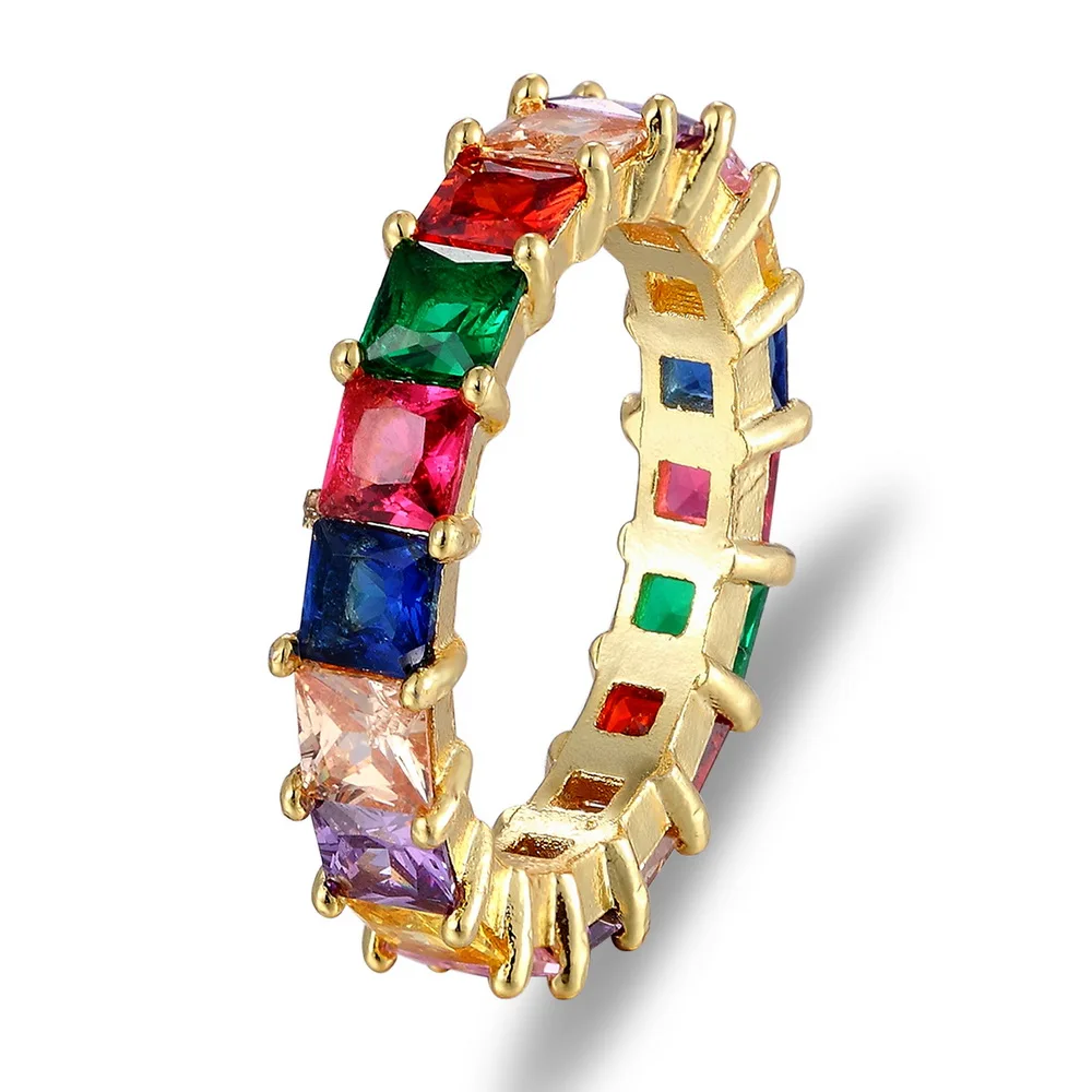 

New Fashion Gold Filled Fashion Rainbow Bar Eternity Band Rings Square Baguette CZ Engagement Ring For Women Colorful Jewelry