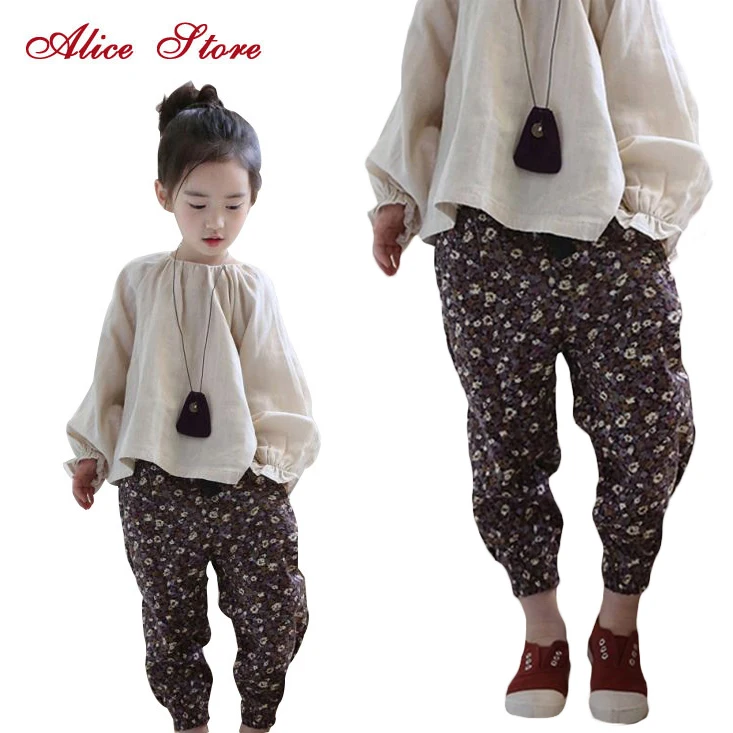 Girls Clothing Sets 2018 New Chinese Style Folk Custom Linen Lantern Sleeve Top Floral Harem Pants