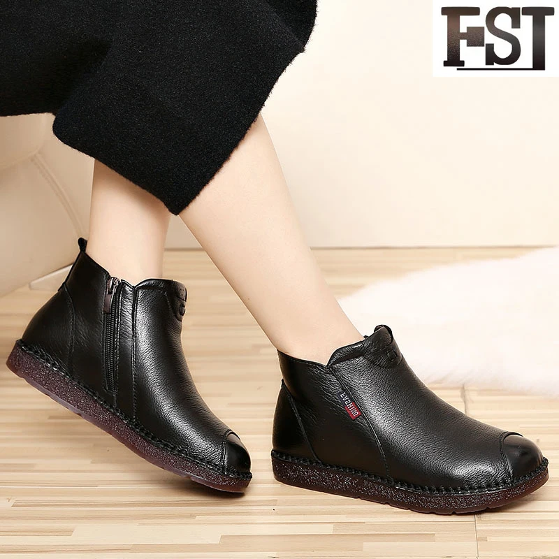 

FSJ Genuine Leather Woman Shoes Ladies Cow Leather Solid Zip Round Toe Synthetic Spring/Autumn Sewing Elegant Mature 2019 Brown