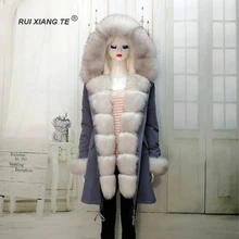 RuiXiangTe women real fur coat full pelt fox fur coat fluffy fox collar rex rabbit fur real fox fur parka long winter outerwear
