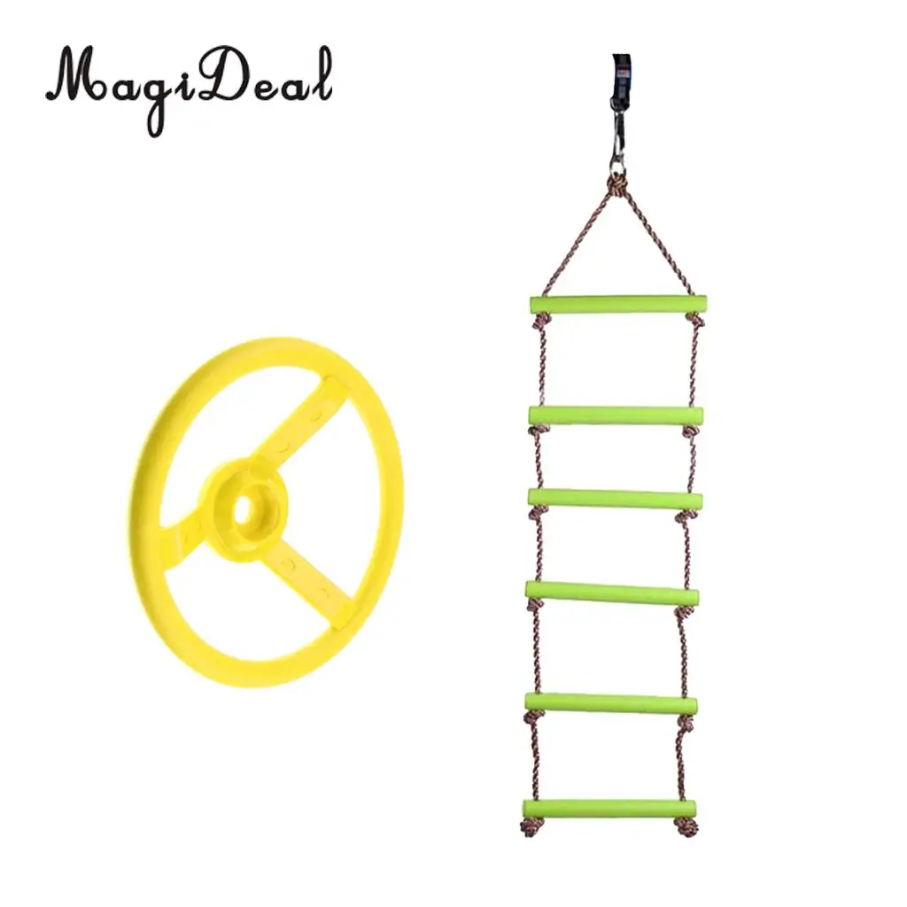 Kids Playhouse 6 Rungs Rope Climbing Ladder +Steering Wheel Toy Swing  Outdoor Sports Gym Fitness Toy