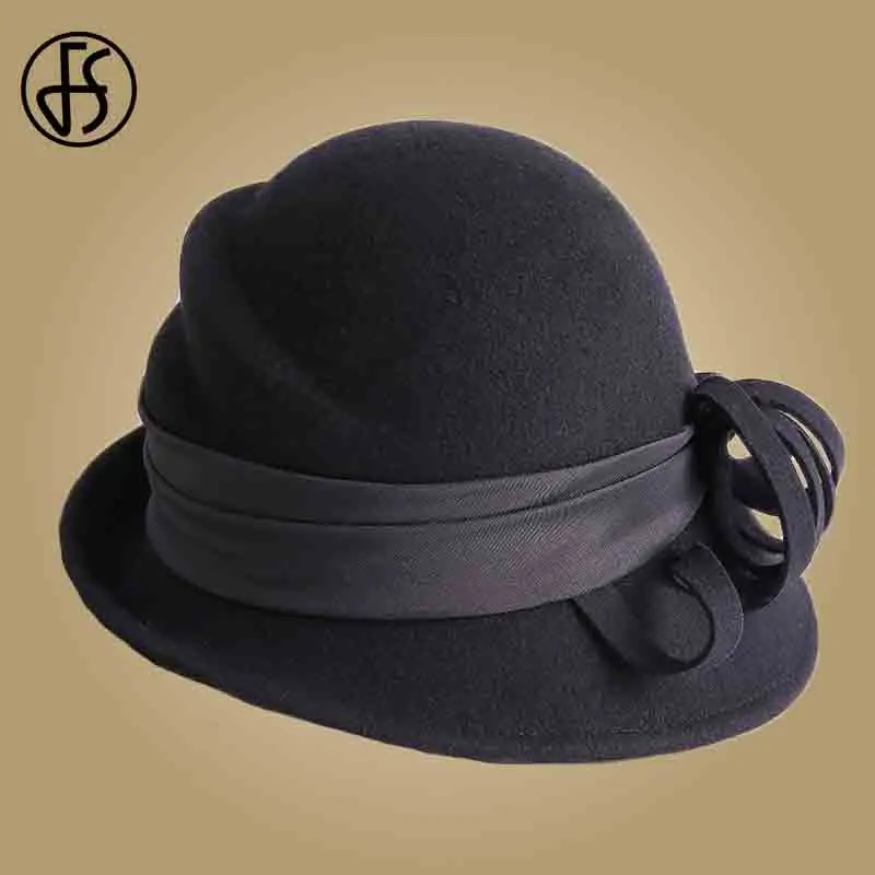 FS элегантные шерстяные фетровые шляпы женские черные фетровые модные широкие шляпы котелок вечерние головные уборы церковный колокол