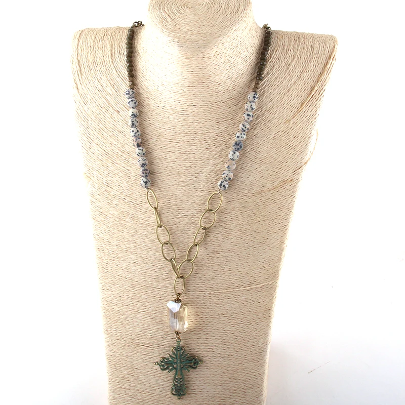 Модный богемный натуральный ювелирный камень и стеклянный кристалл длинный кулон в виде креста на цепочке ожерелье s для женщин национальное ожерелье