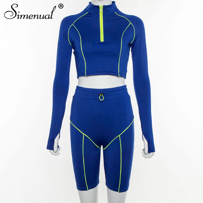 Simenual, спортивный повседневный комплект, женский короткий топ с длинным рукавом и байкерские шорты, неоновый полосатый комплект на молнии, 2 предмета, спортивный костюм синего цвета - Цвет: blue