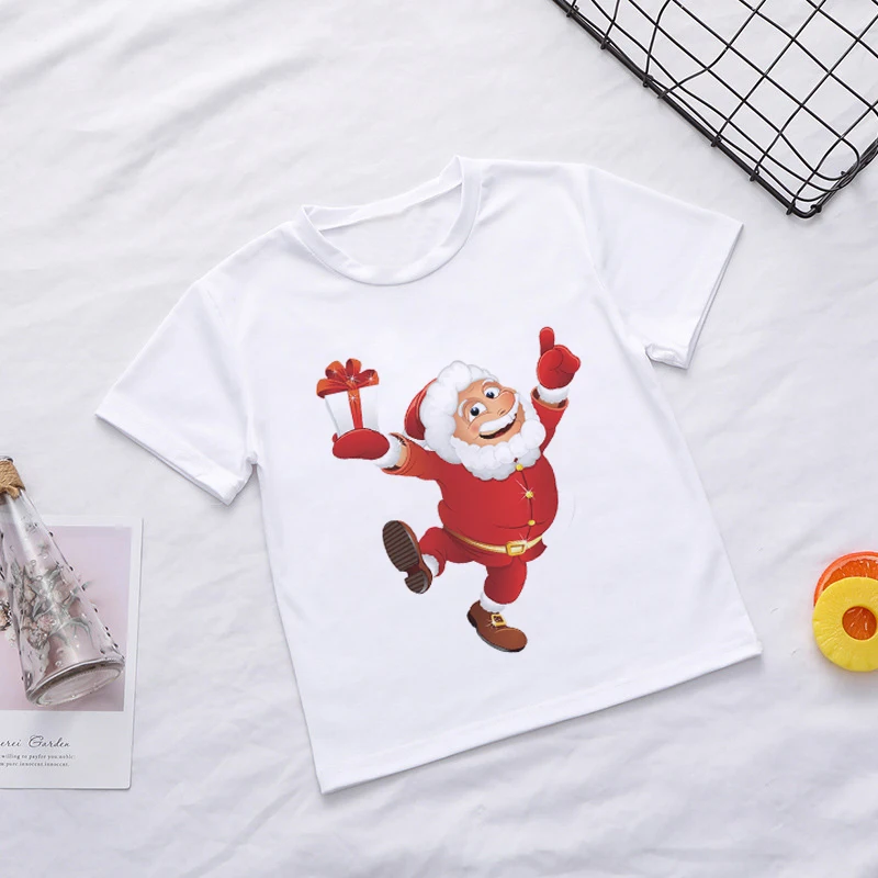 Новые Интересные рождественские топы для девочек, модная футболка с забавным принтом с героями мультфильмов белая одежда с короткими рукавами для мальчиков круглый вырез