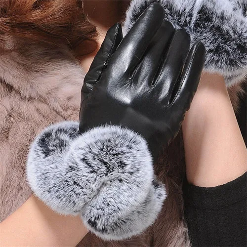 Новое поступление, теплые зимние перчатки, элегантные женские перчатки, повседневные перчатки с кроличьим мехом на запястье, мягкие перчатки из искусственной кожи с мехом, перчатки на палец - Цвет: black