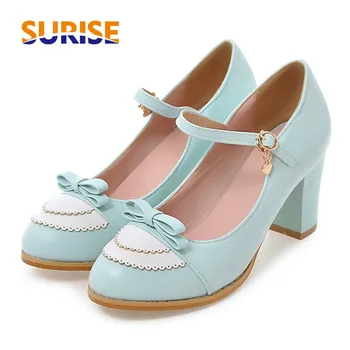 

Big Size 32-45 Sweet Women Pumps 7cm High Block Heel PU Leather Round Toe Pink Bowtie Lolita Party Wedding Office Lady Mary Jane