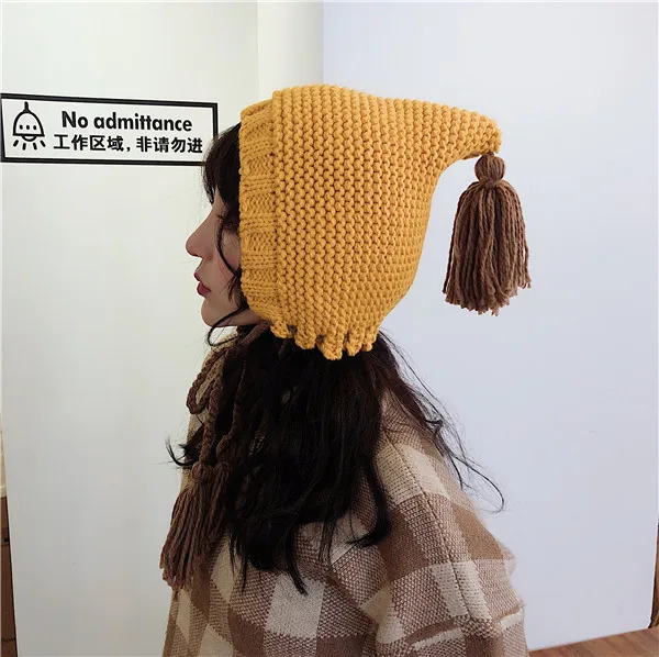 Зимние шапки Skullies Beanies для женщин Harajuku милые девушки кисточкой оплетка теплые черепа сплошной цвет шнуровка вязанные шапки-бобы