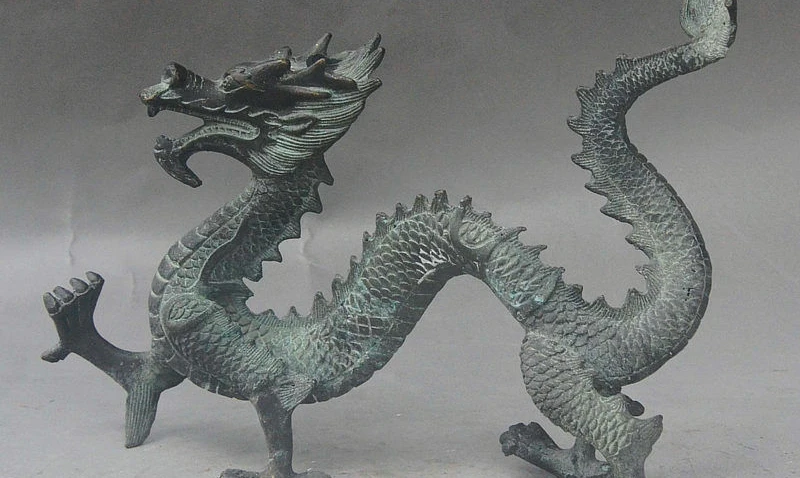 

11" Ancient China Fengshui Bronze Auspicious Myth Animal Walking Dragon Statue