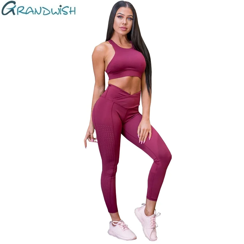 

Grandwish Yoga Hollow Bra+Pant Set Sport Wear for Women Breathable Workout Sets Gym Fitness Clothing Women 2 Piece Legging,ZF016