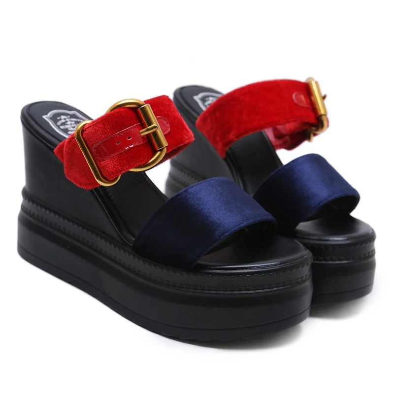 

2019 Women 11cm High Heels Wedges Green Sandals Lady Slippers Mules Summer 5cm Platform Buckle Blue Chunky Luxury Shoes YHC-109